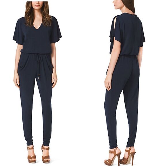 Michael Kors V Neck Flutter Split Sleeve Drawstring Jersey Jumpsuit Women Large - Picture 1 of 11